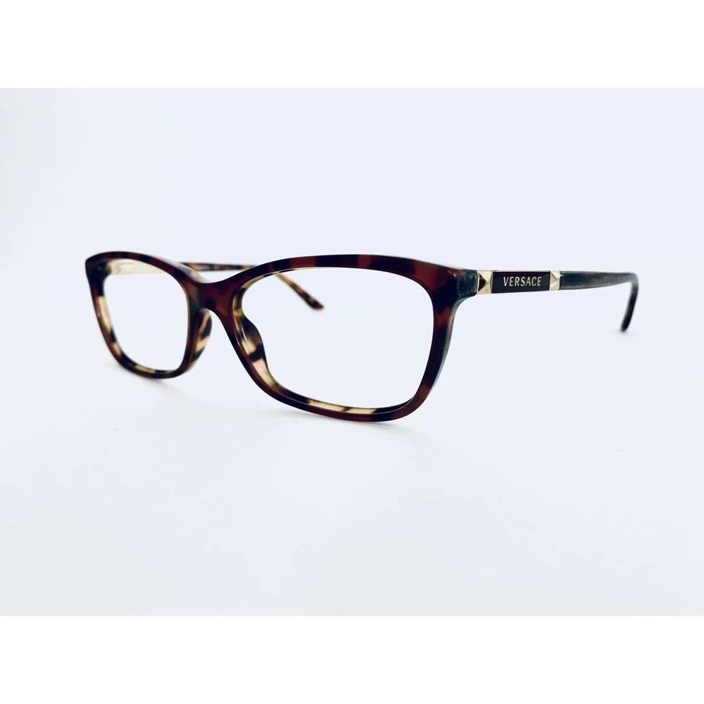 Versace Tortoise Rectangular Oval Eyeglasses Gold Logo Flex Temples 54 16 140